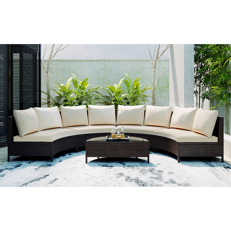 5 Pieces All-Weather Brown PE Rattan Wicker Sofa Set Outdoor Patio Sectional Furniture Set Half-Moon Sofa Set With Tempered Glass Table, Beige