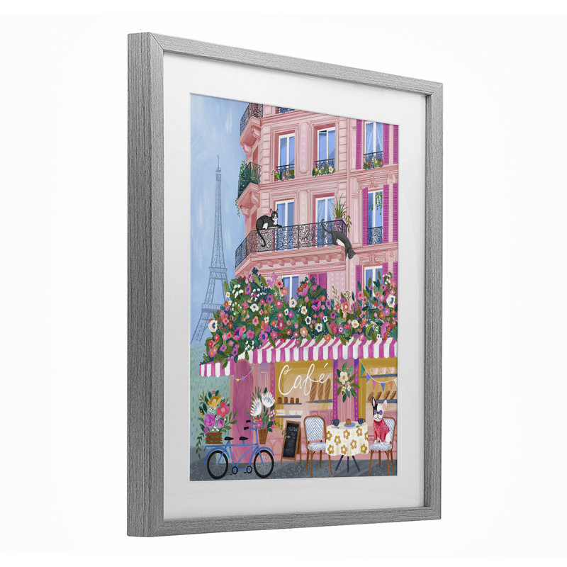 Chats sur un balcon de café, reproduction encadrée sous verre, design par Arrolynn Weiderhold, Cadre de ferme gris