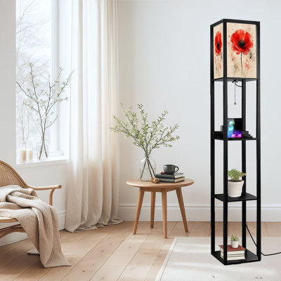 Dimmable LED Standing Floor Lamp Red Flower Watercolor Splatter Effect Beige, MDF Frame Floor Lamp with Remote Control, 3 Color Light, for Living Room Bedroom