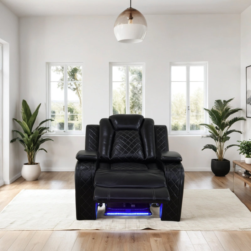 POPO-37.5" Breathing Leather Power Recliner Chair with LED Light and Storage Armrest