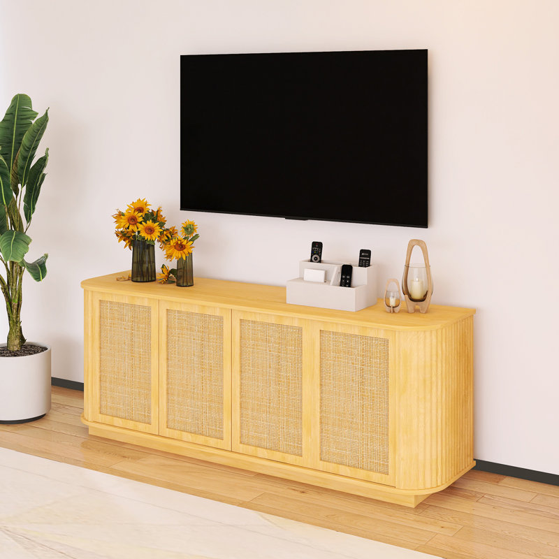 24.00'' Tall Wave Shaped TV Stand With Rattan Doors, 24"H x 64"L x 15"W
