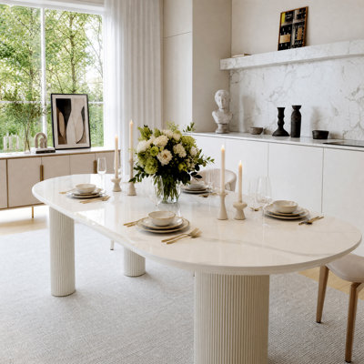 79" Oval Dining Table with White Sintered Stone Top & Roman Column Wood Base