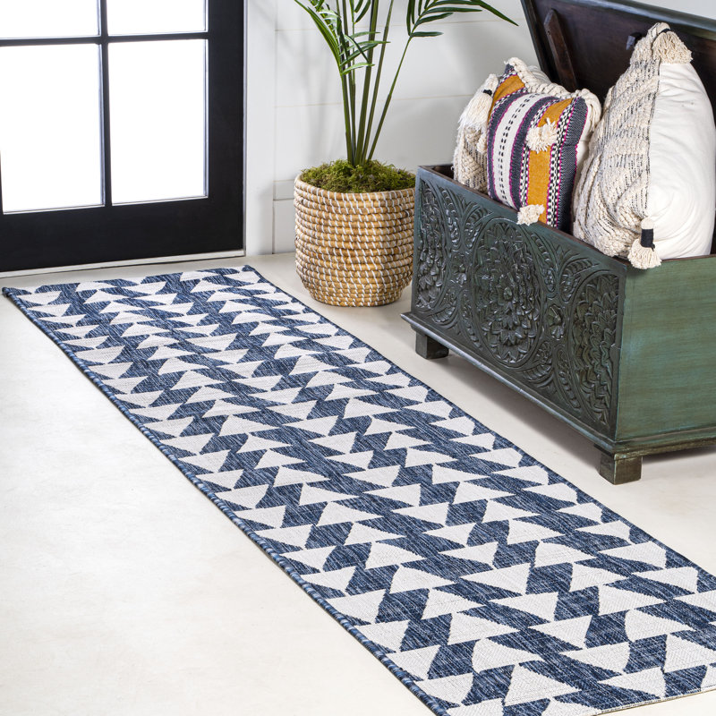 Yahoue Modern Tribal Geometric Ivory/Blue Indoor/Outdoor Rug, Runner 2'2" x 10'
