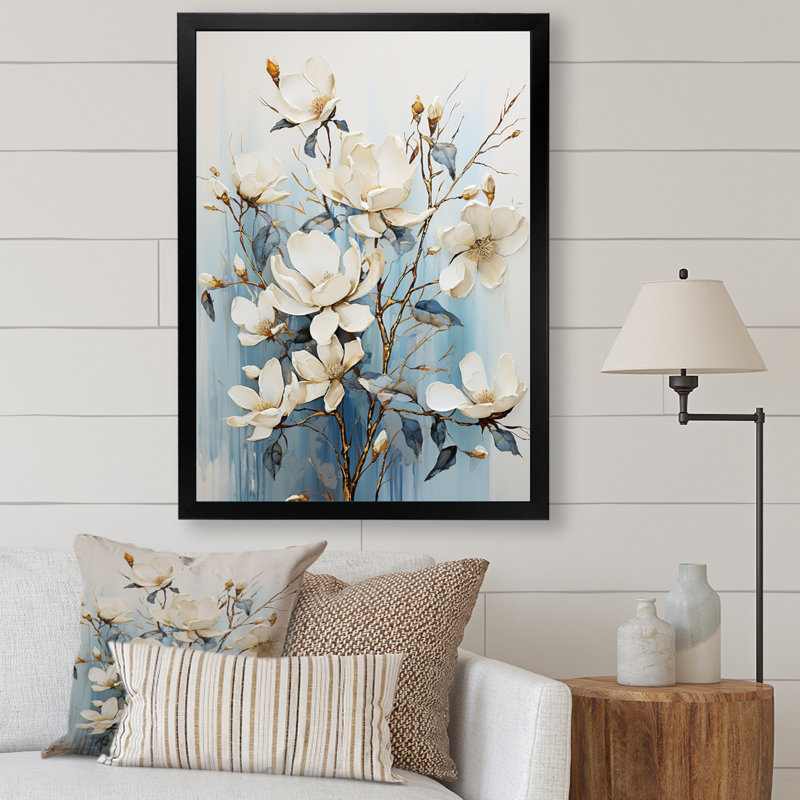 «White and Blue Magnolia Blossom Beauty II», reproduction sur toile, Cadre simple noir, H 32 po x l 24 po x P 1 po