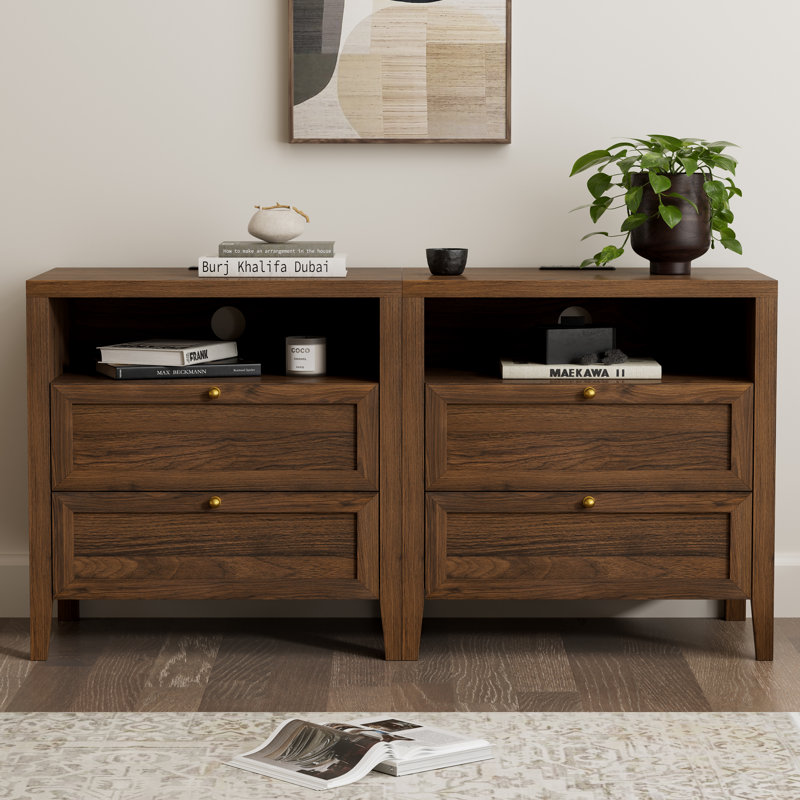 Farmhouse Nightstand With 2 Drawers And Charging Station, Set of 2, Brown