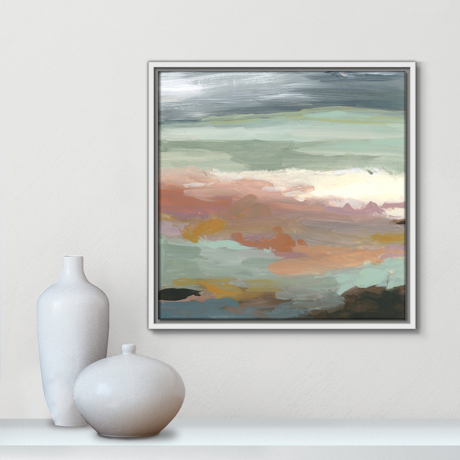 Bingham "Ocean Bluffs" Painting by Carol Robinson, 17.5" H x 17.5" W, Picture Framed Canvas, White