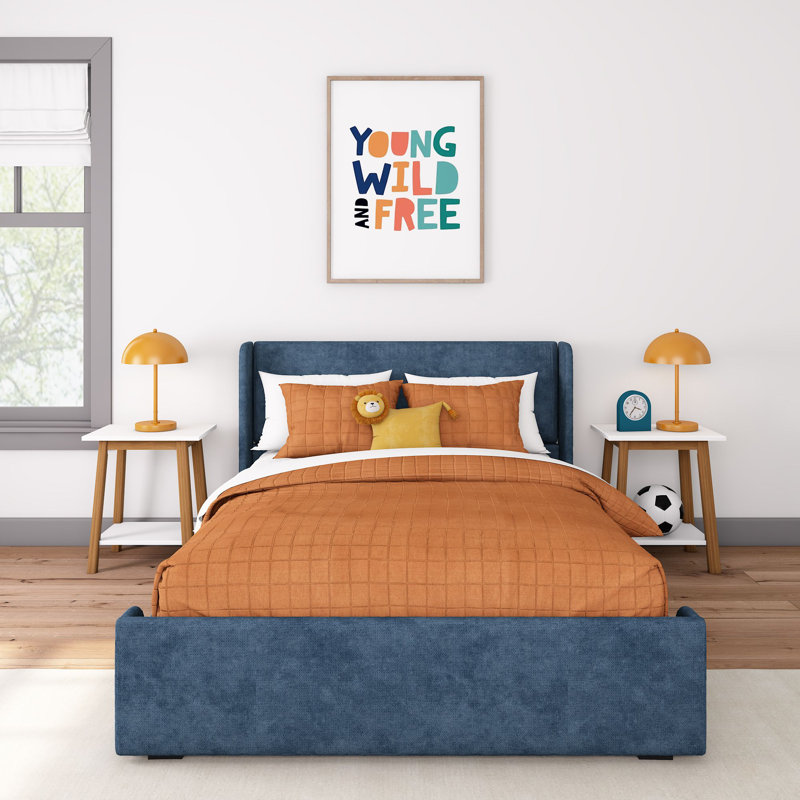 Lit à panneau tapissier en bois massif avec tête de lit rectangulaire, Double, Bleu