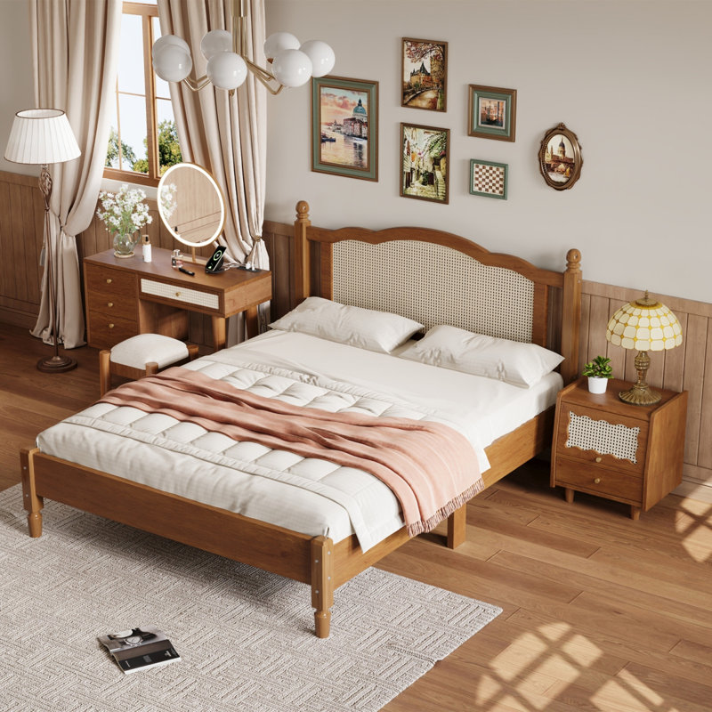 Ensemble de chambre à coucher 3 pièces avec cadre de lit en bois, 1 table de chevet rétro et 1 coiffeuse de maquillage avec tabouret
