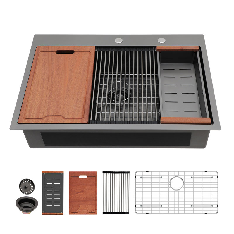 33" x 22" Gunmetal Black Drop-in Kitchen Sink Stainless Steel Workstation Sink with Two Faucet Hole