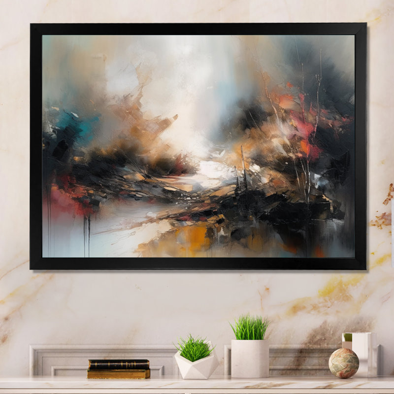 «Brown Abstracted Nature II», art abstrait sur toile, Cadre simple noir, H 12 po x l 20 po x P 1 po