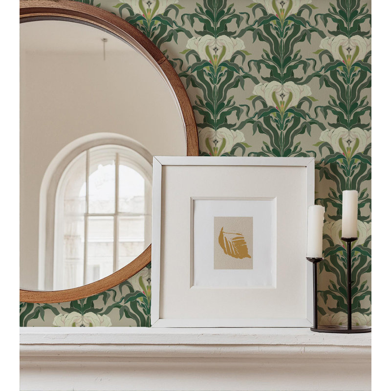 Papier peint botanique à feuilles et lin en miroir