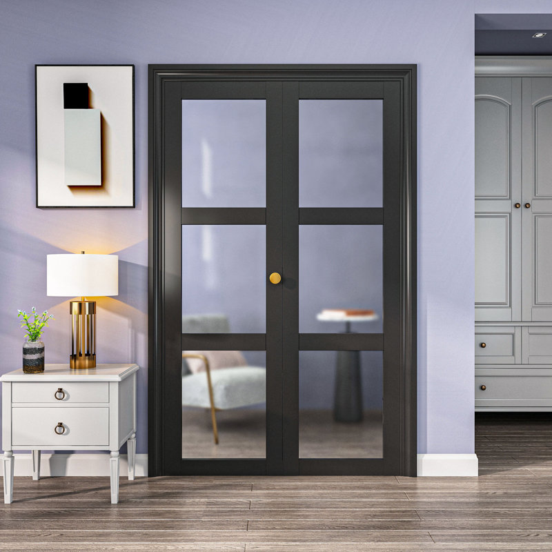 Porte de garde-robe pliante 36 po x 80 po noire (porte de garde-robe double 18 po x 80 po) 3 portes en verre trempé givré avec trousse de quincaillerie, portes pliantes intérieures pré-assemblées pour garde-manger / avec surface en PVC, qualité de fabrication solide et facile Installation