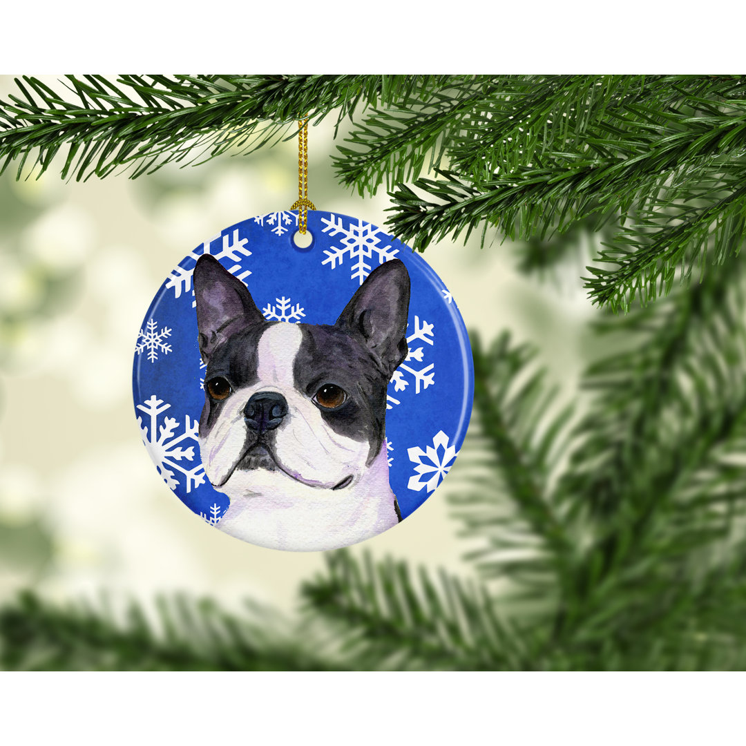 Boston Terrier Winter Snowflakes Holiday Christmas Ceramic Hanging Figurine Ornament The Holiday Aisle®