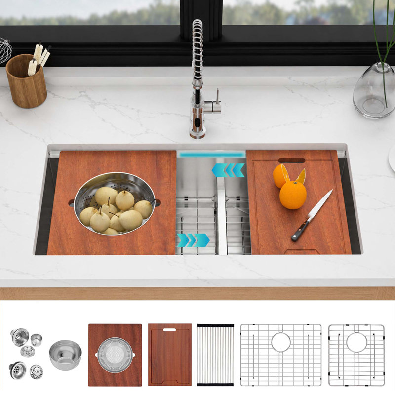 Évier de cuisine double cuve encastrée de 99 cm (39 po), évier de travail divisé 60/40 en acier inoxydable avec bol mélangeur et passoire à pâtes, évier en acier inoxydable T304 de calibre 16, cuves de 25 cm (10 po) de profondeur