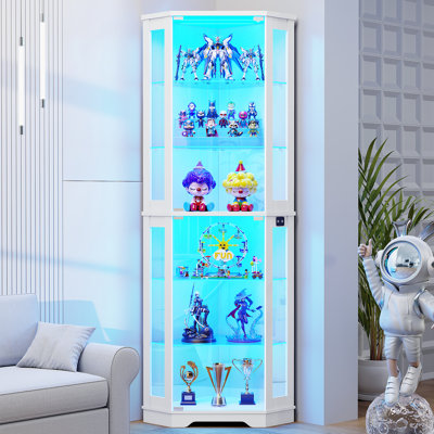 71" Corner Display Cabinet With Glass Doors, 6 Tier Curio Cabinet With 3 Led Lights & Glass Shelves, Human Body Sensor, Showcase Display Case For Collectibles