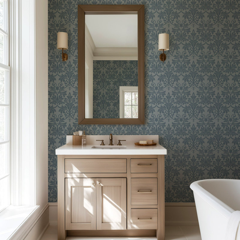 Rococo Relief - Wallpaper, Self-adhesive, Pewter Blue