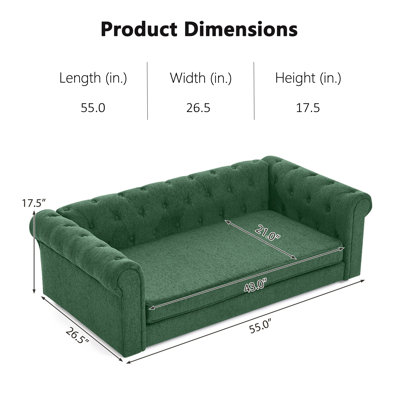 Elegant Tufted Linen Dog Sofa Bed For Large & Oversized Dogs, Elevated Pet Sofa With Rolled Armrests & Backrest