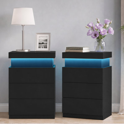 Carlisa 3 Drawer Nightstand with LED Lights and Charging Station, Sliding Top Bedside Table with Hidden Phone Storage, Modern End Table for Bedroom