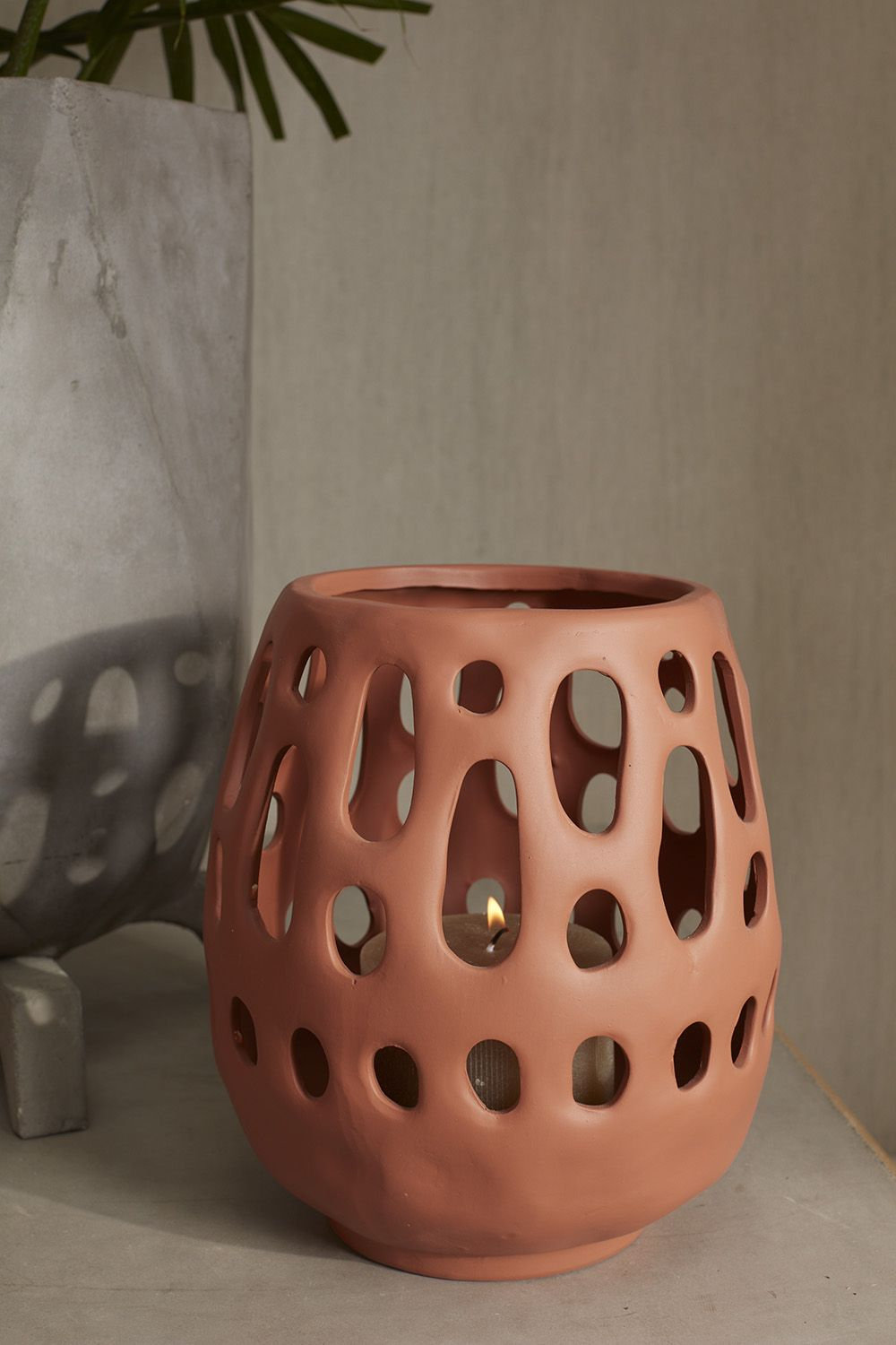 Ceramic Lantern Candle Holder, 10.5" H x 9.25" W x 9.25" D