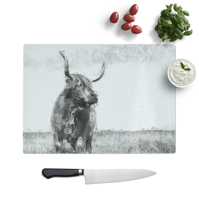 Glass Highland Cow in Abstract Chopping Board, 39 cm W x 28.5 cm L