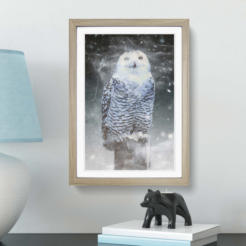Snowy Owl on a Perch - Picture Frame Graphic Art Print on MDF, 65cm H x 48cm W x 2cm D, Oak Framed