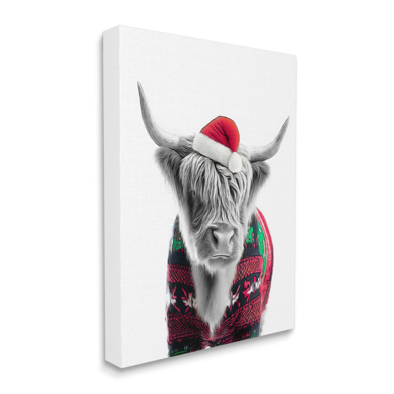Vache dans un chandail de Noël sur toile, H 48 po x l 36 po x P 1,5 po