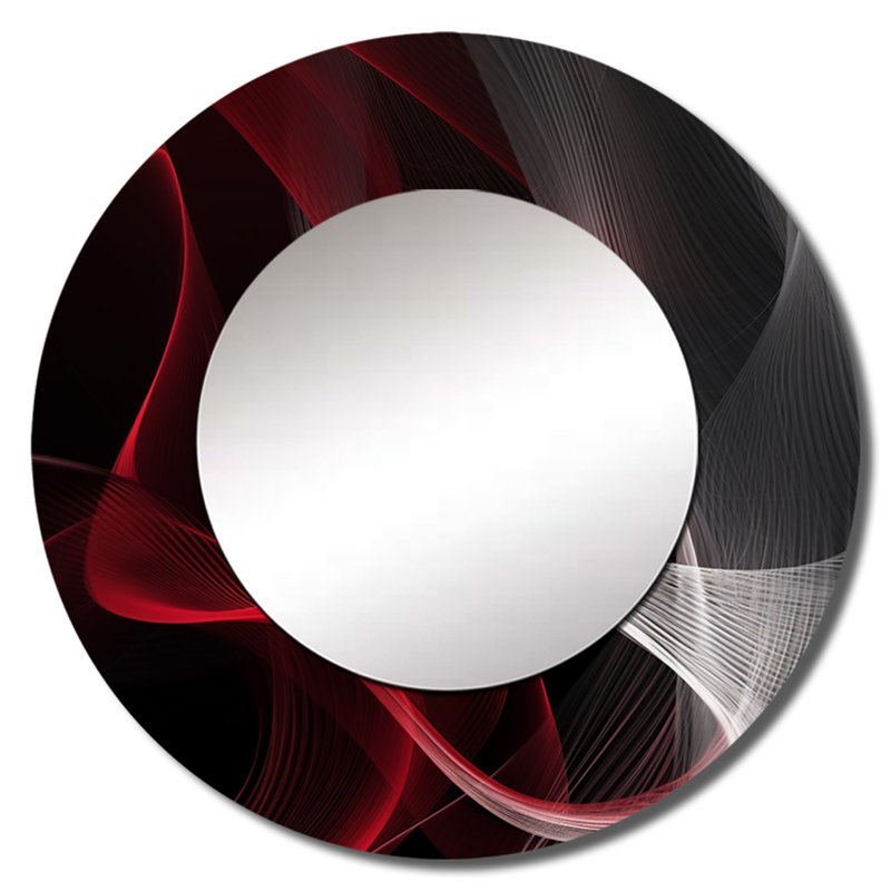 Pavanvir Red Black Contemplative Abstraction I - Waves Wall Mirror, Modern Round Decorative Mirror, Printed Metal Art