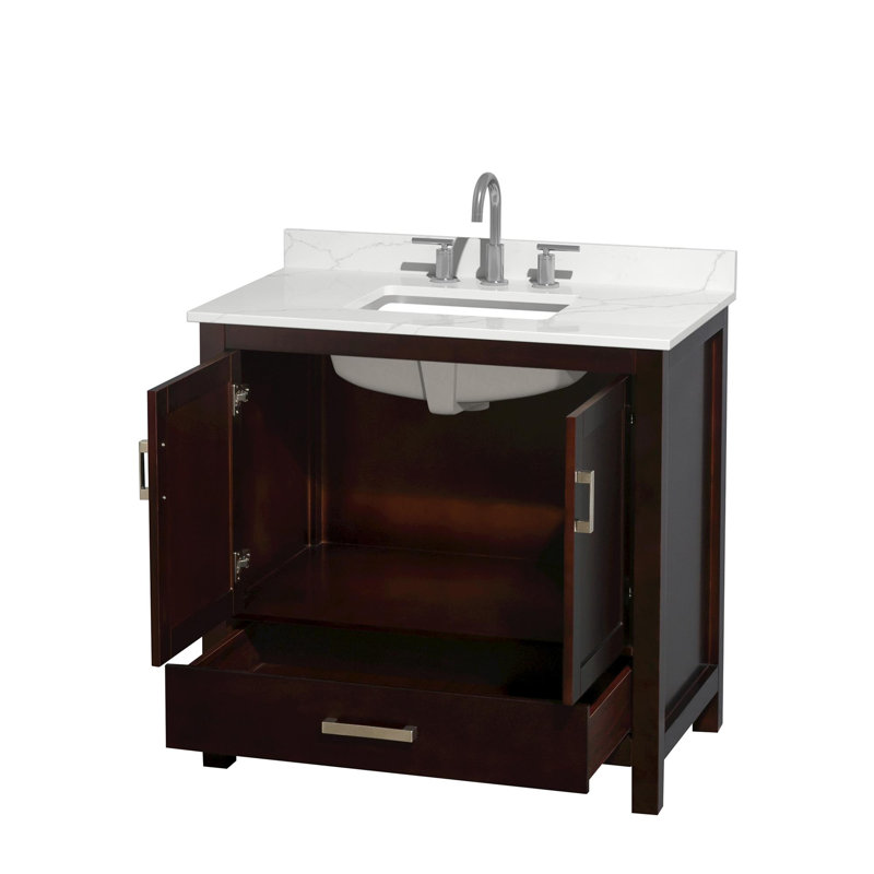 Ensemble de meuble-lavabo simple 36 po avec plateau en quartz Sheffield, Quartz Giotto, Brun, Chrome