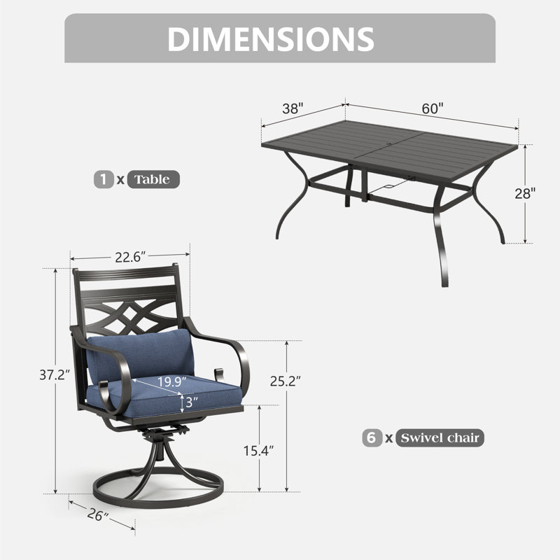 Ensemble de salle à manger pour 6 personnes en métal avec table rectangulaire, coussins inclus, Bleu