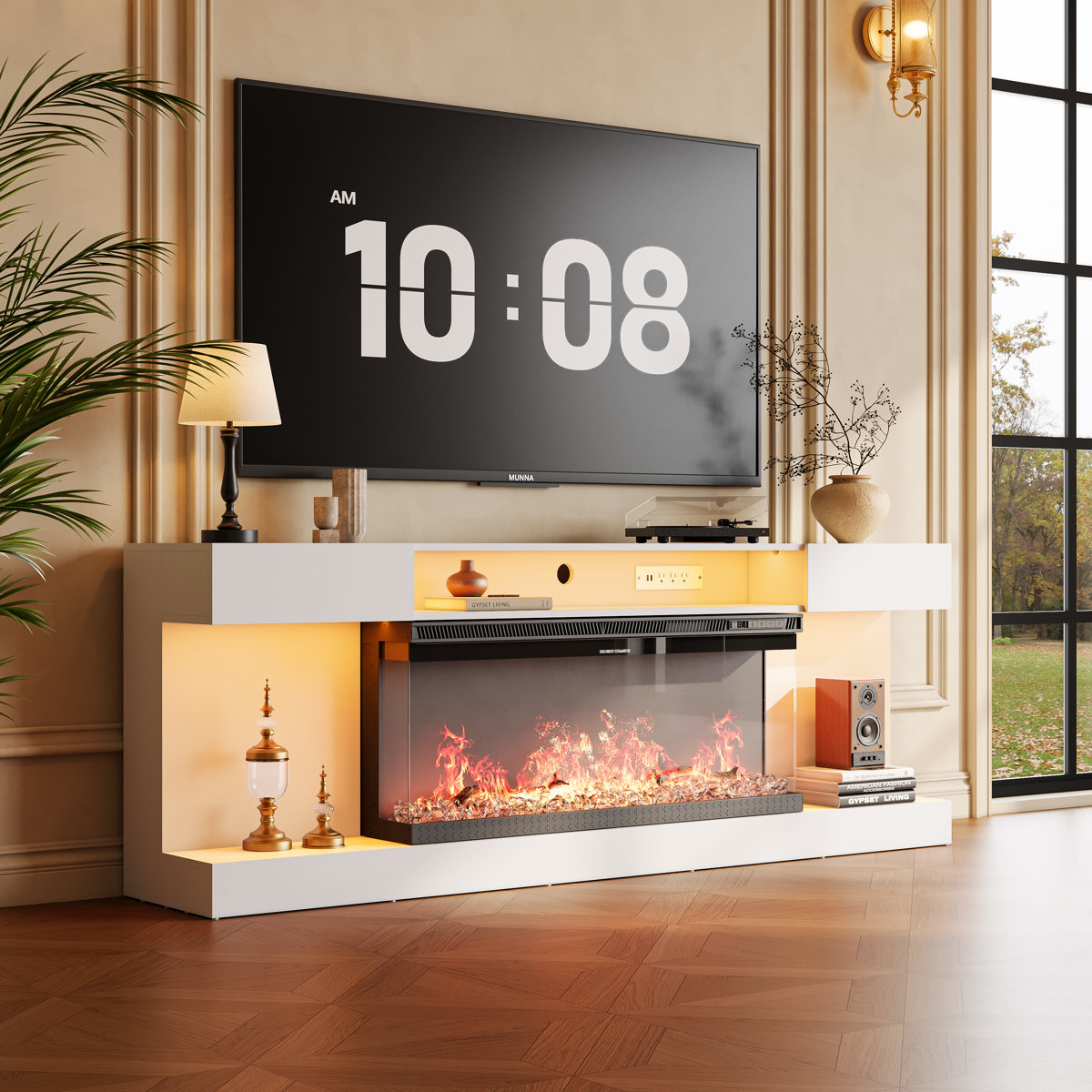 70" Modern TV Stand with Electric Fireplace Included for 80" TVs, LED TV Console & Entertainment Center with Storage