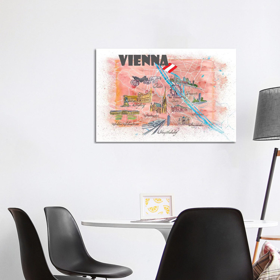 Vienna Austria Illustrated Map by Markus & Martina Bleichner - Painting on Canvas