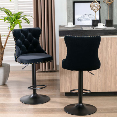 Échantillon - Tabourets de bar pivotants en velours à hauteur de siège réglable, tabourets de bar à base chromée avec dossier capitonné confortable pour un pub à la maison et un îlot de cuisine, ensemble de 2