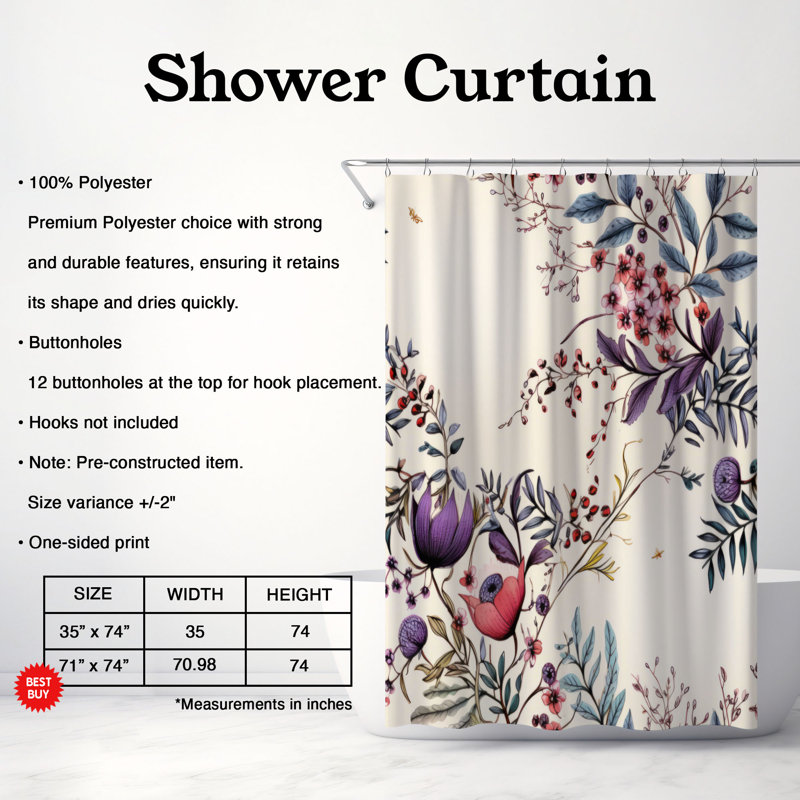 Whispering Flowers - Rideau de douche Premium, H 74 po x l 71 po