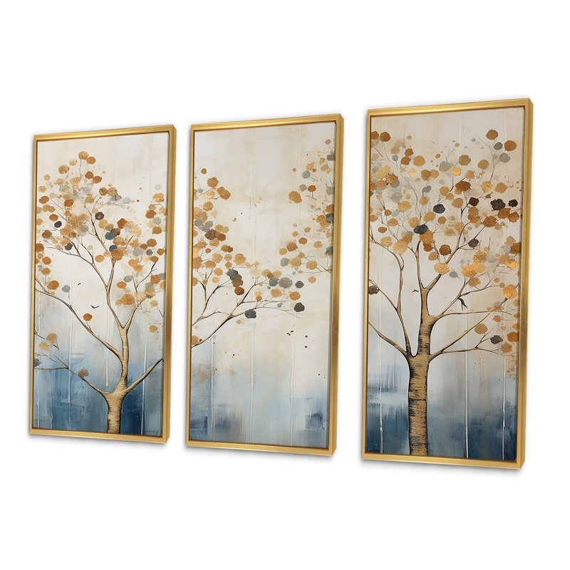 Ensemble de salon art mural arbre doré et bleu Harmony II, Cadre flottant doré, H 32 po x l 48 po x P 1 po