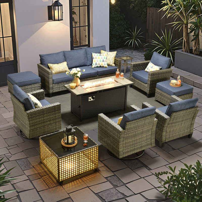 Allcot 7 - Person Wicker Outdoor Conversation Set, Patio Swivel Chair Set with Lighted Coffee Table and Cushions, Blue