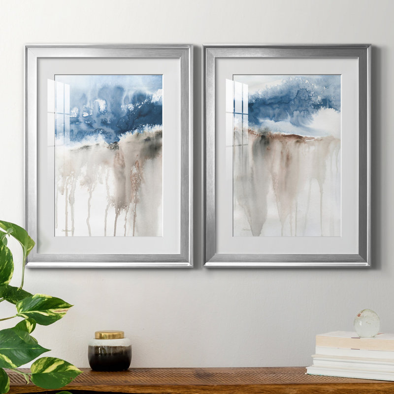 Windy Cliff I - ensemble de 2 reproductions d'art, H 18,5 po x l 49 po x P 1,5 po, Papier avec cadre argenté, Blanc