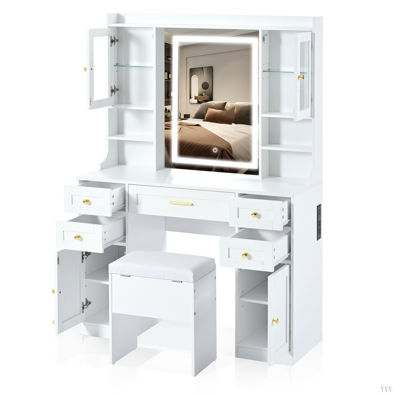 Meuble-lavabo de 41,4 po avec miroir et lumières, table de maquillage avec 5 tiroirs et 4 armoires, coiffeuse avec station de charge et tabouret de rangement rembourré pour la chambre à coucher