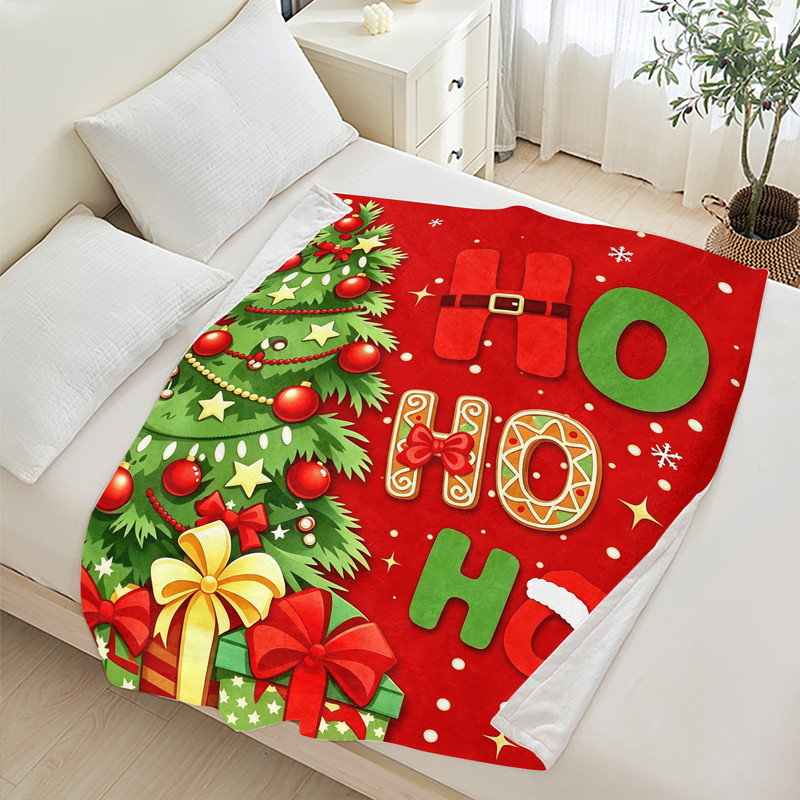 Plaid de Noël en flanelle polaire JYK, léger, respirant, doux et chaud en microfibre pelucheuse, 127 x 152 cm, motif sapin Ho Ho