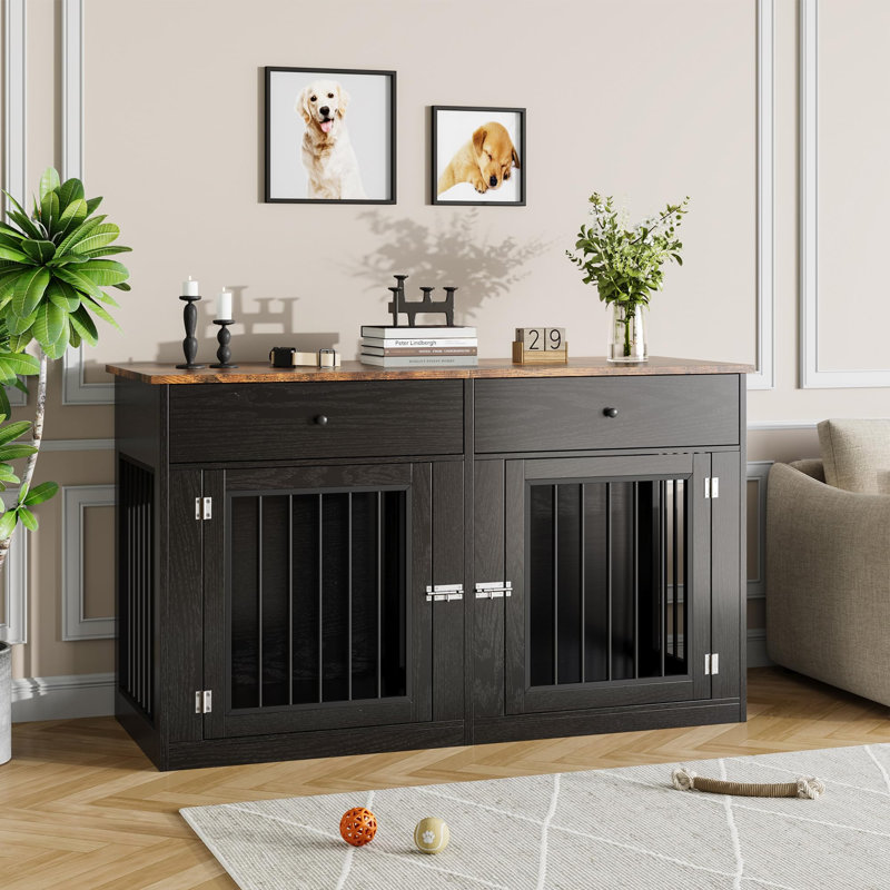 Meuble télé 60 po pour 2 chiens, meuble télé robuste pour chenil avec 2 tiroirs, caisses pour petits chiens de taille moyenne, table de bout pour cage intérieure