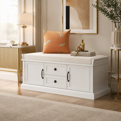 Banc de rangement polyvalent avec tiroirs et coussins amovibles pour espaces de vie organisés