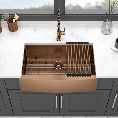 33 Inch Rose Gold Apron Front Kitchen Sink, 16 Gauge T304 Nano Material, Oil Repellent, Smooth Water Flow, With Dish Grid 33*21*10 Stainless, - Fingerprint, Noise Reduction, And Drying Rack