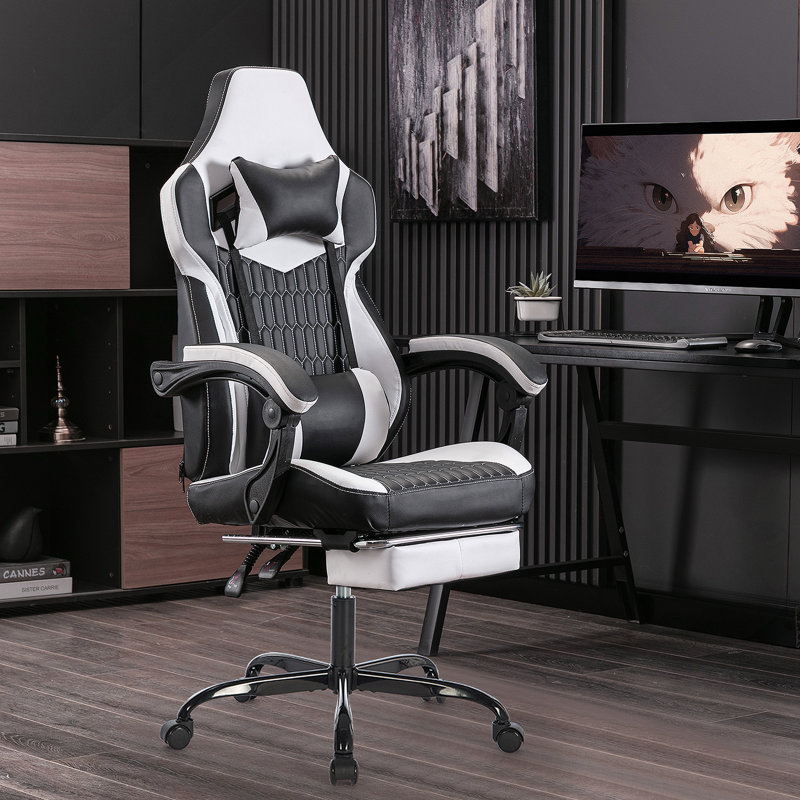 Fauteuil de jeu avec repose-pieds, chaises de jeu à haut dossier, siège de jeu ergonomique en cuir PVC, appui-tête, support lombaire, fauteuil de jeu vidéo (noir et blanc)