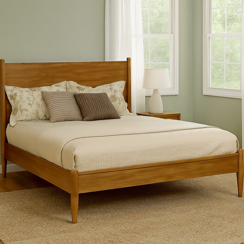Très grand lit de style Mid-Century avec finition en chêne, ensemble de lattes, sans sommier et composition en bois d'ingénierie pour lit de chambre à coucher, pieds fuselés ronds, construction solide, base à lattes
