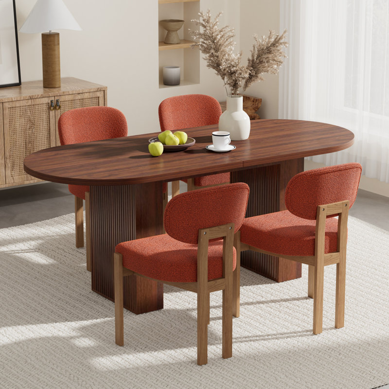 Ensemble de table de cuisine ovale à double piédestal, 5 pièces: table, 4 chaises, Orange, Noyer