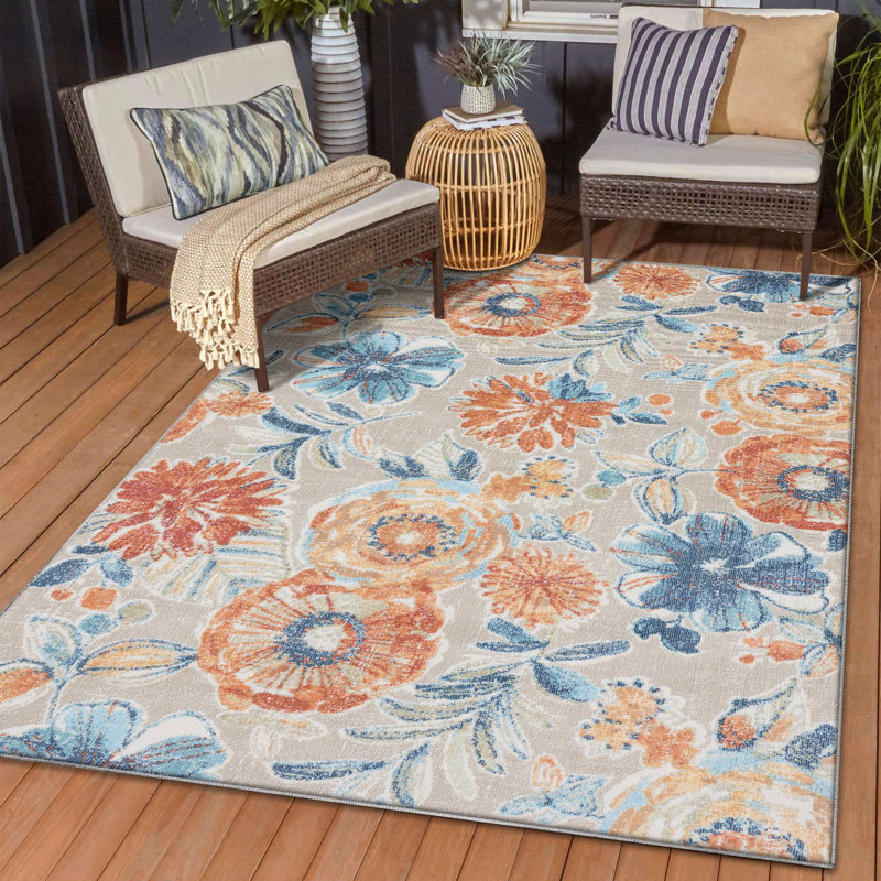 Tapis intérieur / extérieur à motif floral orange / bleu Spurgh, Rectangle 8 pi x 10 pi