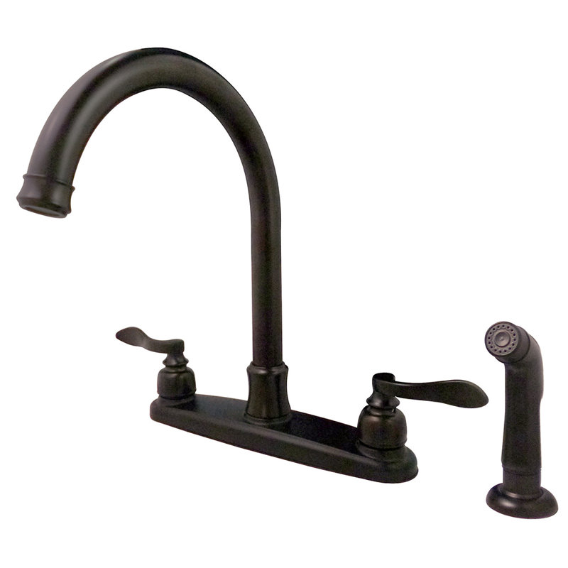 Robinet de cuisine central à 4 poignées et 4 trous 8 po avec douchette latérale Kingston Brass NuWave, Bronze huilé