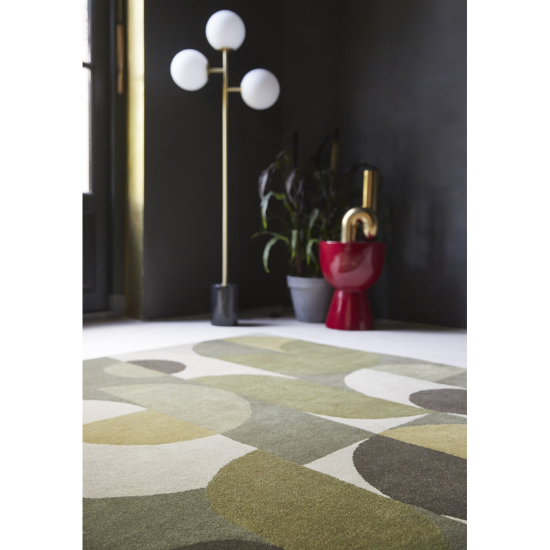 Decor Hand Tufted Wool Geometric Area Rug in Green, Rectangle 9' x 12'