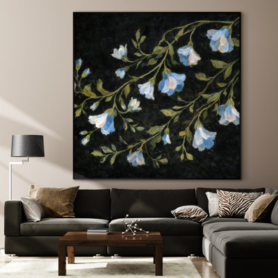 Très grand art mural imprimé sur tissu - Décor de chambre à coucher botanique floral noir et bleu - «Assemblage requis (cadre non fini)»