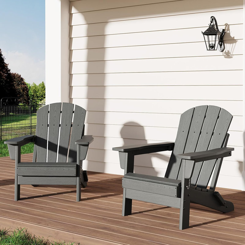 Oversized Folding Adirondack Chairs Set of 2 – Weather Resistant. 380 lbs Capacity. Outdoor Patio Lawn Garden Deck Fire Pit – Embossed Wood Grain Gray