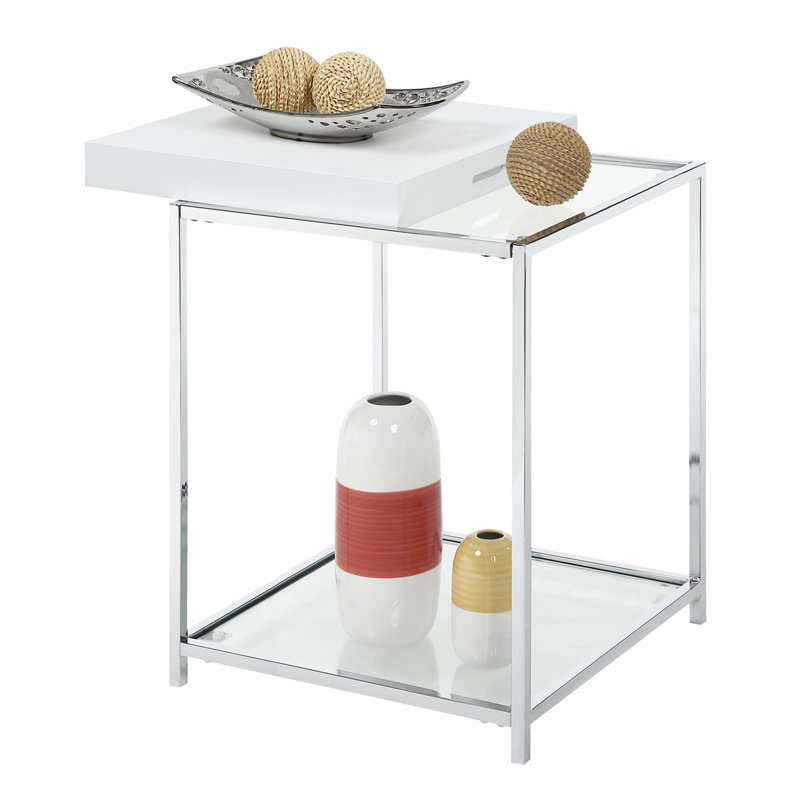 Table de bout avec plateau en verre et rangement, Blanc